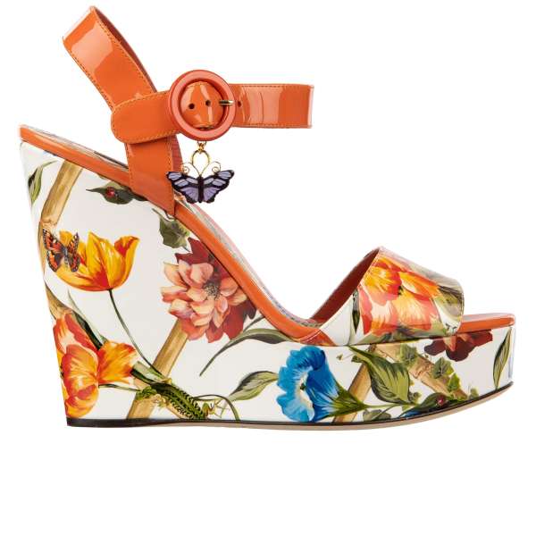 Floral and lizard pattern printed patent leather platform sandals BIANCA with butterfly pendant in orange and white by DOLCE & GABBANA