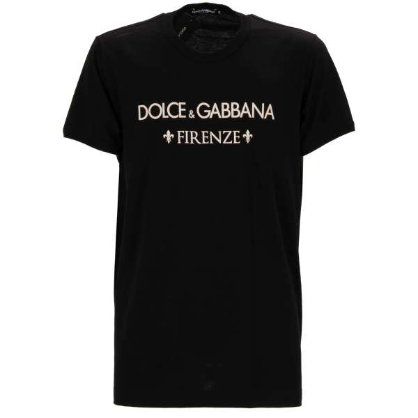 Baumwolle T-Shirt mit DG Logo Firenze Lilien Print in Weiß und Schwarz von DOLCE & GABBANA
