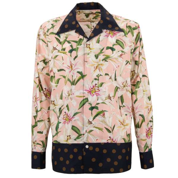 Oversize cotton shirt with Lily flower and polka dot print in pink and blue by DOLCE & GABBANA