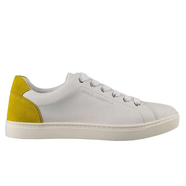 Classic leather and suede sneakers LONDON in white and yellow with logo print by DOLCE & GABBANA