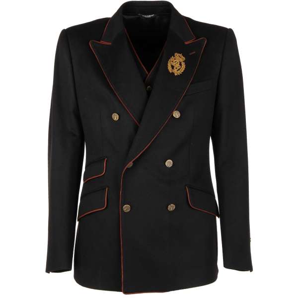 Exclusive double-breasted Cashmere Jacket / Blazer and Vest Ensemble with embroidered logo and crown, textured buttons and contrsats leather seams by DOLCE & GABBANA