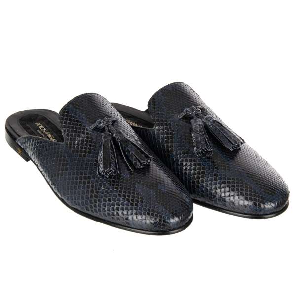 Snake leather slipper shoes YOUNG POPE with tassels and DG logo in blue by DOLCE & GABBANA