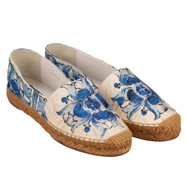 Light Espadrilles made of jacquard with Majolica print in blue and white-beige by DOLCE & GABBANA