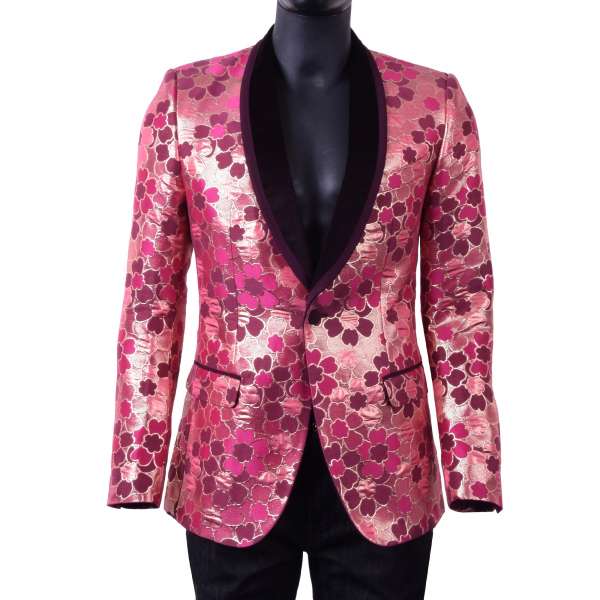 Jacquard Smoking Blazer mit Blumen-Muster und rundem Samt-Kragen im Rot und Pink von DOLCE & GABBANA Black Label
