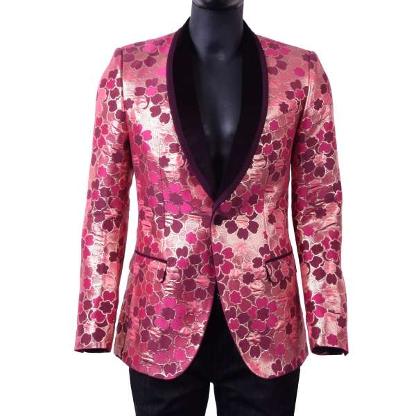 Floral jacquard tuxedo blazer with round velvet collar in red and pink colors by DOLCE & GABBANA Black Label