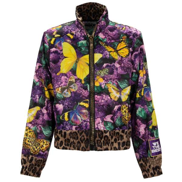 Satin Bomber Jacke mit Schmetterling, Blumen, Leopard und Logo Print, Taschen mit Reißverschluss und Logo Sticker von DOLCE & GABBANA  - DOLCE & GABBANA x DJ KHALED Limited Edition