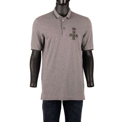 Cotton Polo Shirt with Embroidered Crystals Cross Gray 48 M