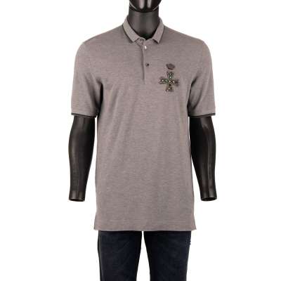 Baumwolle Polo Shirt mit aus Kristallen Besticktem Kreuz Grau 48 M