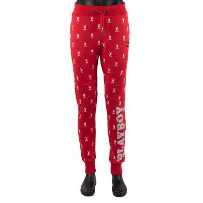 Cotton Jogging Trousers with Crystals and Logo Red