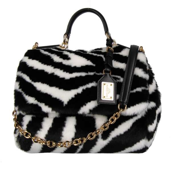 Calf leather and faux fur Tote / Shoulder Bag SICILY Mini embellished with logo plate pendant in zebra  print by DOLCE & GABBANA