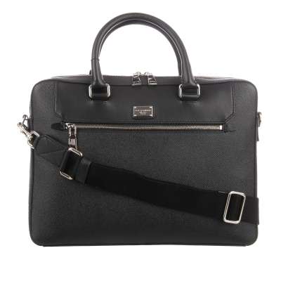 Dauphine Leather Laptop Briefcase with Logo and Pockets Black