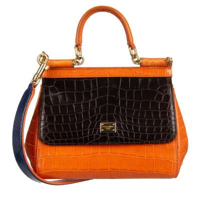 Crocodile Leather Tote Shoulder Bag SICILY with Logo Plate Orange Brown
