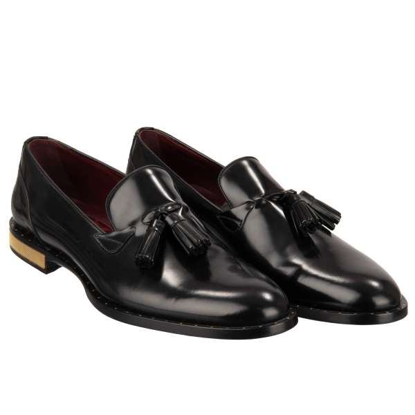  Leather loafer shoes NAPLES with tassels and DG metal logo heel in black and gold by DOLCE & GABBANA