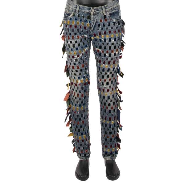 Distressed straight cut 5-pockets Jeans with hand crafted velvet ribbons net structure by DOLCE & GABBANA