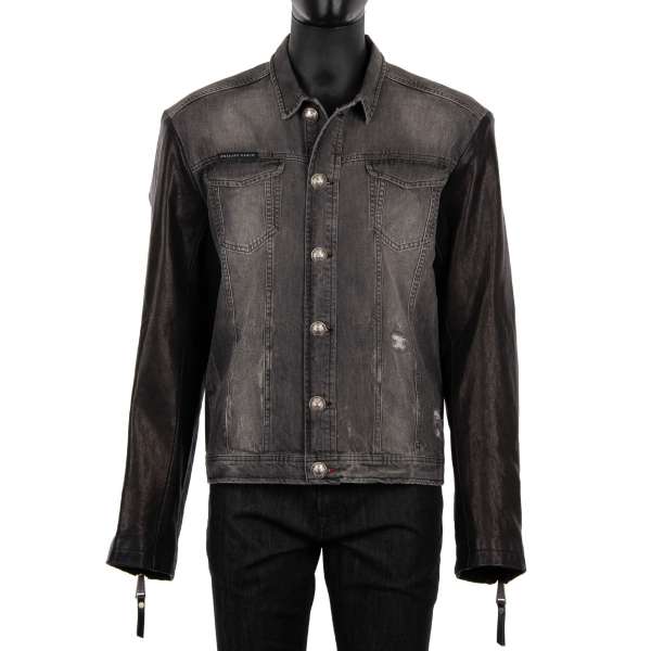 Denim jacket with leather sleeves ADORE ME and with studded skull application by PHILIPP PLEIN