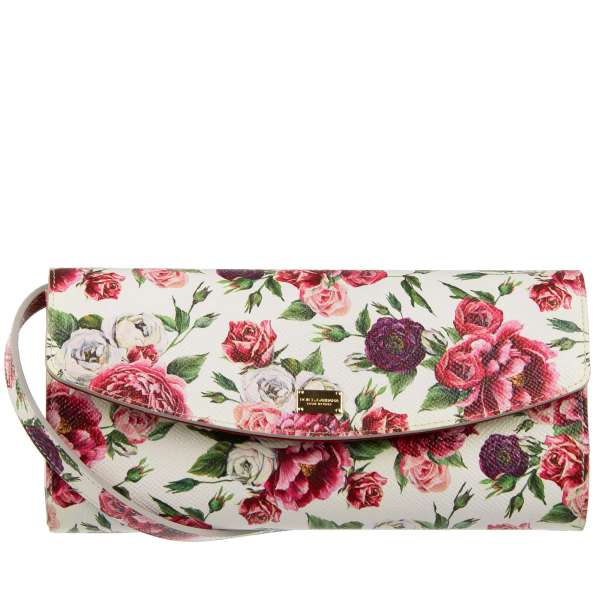 Dauphine Leather Clutch / Crossbody Bag with peony print, DG Logo plate and detachable shoulder strap by DOLCE & GABBANA
