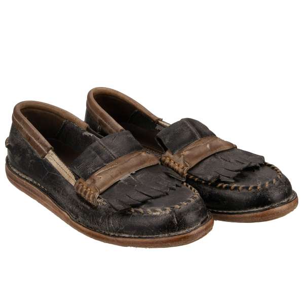 Vintage style leather Loafer Shoes in black and brown by DOLCE & GABBANA