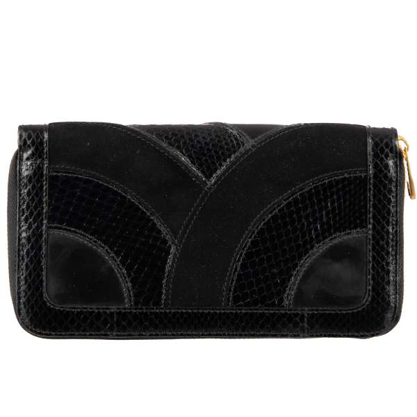 Patchwork Zip-Around wallet made of snakeskin, suede and leather in black by DOLCE & GABBANA