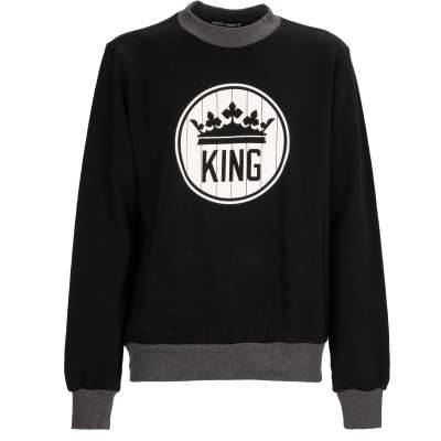 Baumwolle Pullover KING mit Krone Print Schwarz Grau