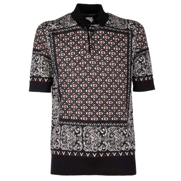 Silk Polo Shirt with DG Logo and baroque pattern print in black and white by DOLCE & GABBANA