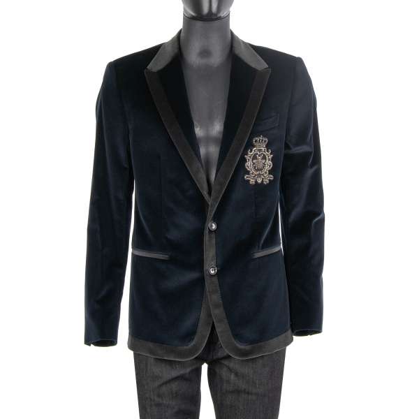 Crown and bee coat of arms hand-embroidered velvet blazer with in blue with gray contrast stripes by DOLCE & GABBANA