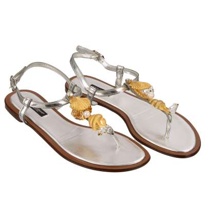 Muschel Kristall Perlen Leder Sandalen INFRADITO Gold Silber 38,5 8,5