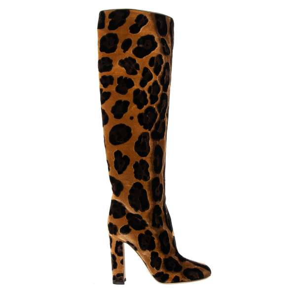 Leopard pattern velvet and leather Boots VALLY in brown by DOLCE & GABBANA