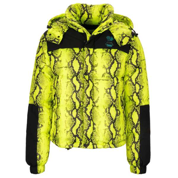 Oversized puffer jacket / down jacket with fluorescent snake print, detachable hood and Off-White Logo plate in front by OFF-WHITE Virgil Abloh