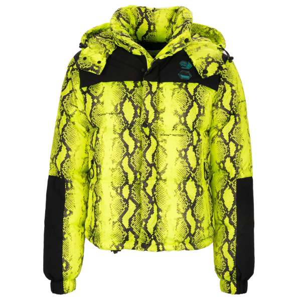 Fluoreszierende Oversize Puffer Jacke / Daunenjacke mit abnehmbarer Kapuze, Schlangen-Print und Off-White Logo vorne von OFF-WHITE Virgil Abloh