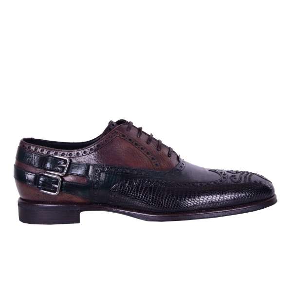 Varan and calf leather patchwork shoes ROMA with lace up and double buckle fastening by DOLCE & GABBANA Black Label