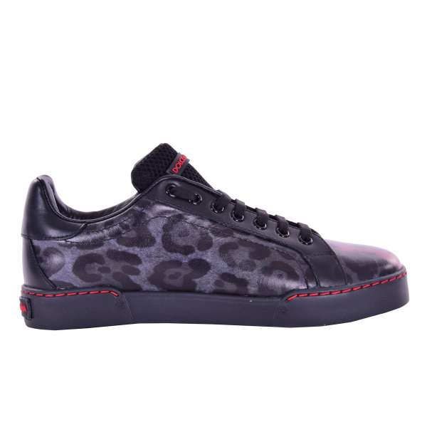 PORTOFINO Kalbsleder Sneakers mit Leopard Print in Grau, Schwarz und Streife in Bordeaux von DOLCE & GABBANA Black Label