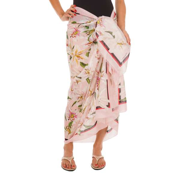 Large lily and logo printed cotton Scarf / Foulard / Pareo by DOLCE & GABBANA