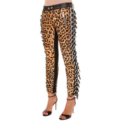 Leopard Fur Leather Metal Buckle pants