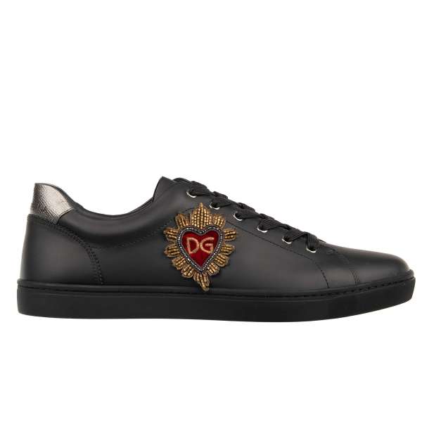  Low-Top Sneaker LONDON with logo and heart logo embroidery in silver and black by DOLCE & GABBANA
