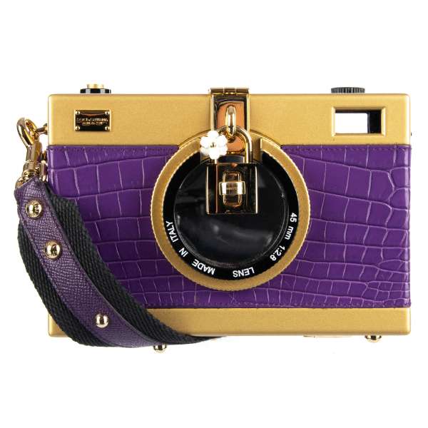 Crossbody clutch bag DOLCE CAMERA BOX Medium made of plastic in gold and crocodile leather in purple by DOLCE & GABBANA Black Label