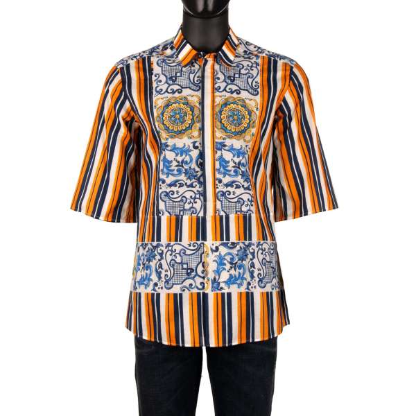 Cotton shirt with Majolica and striped Print in blue, orange and white and by DOLCE & GABBANA