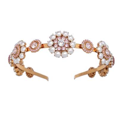 Pearl Crystal Filigree Hairband Diadem Crown Gold Pink