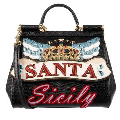 Tote Shoulder Bag Santa SICILY with Crown, Crystals and Studs Black