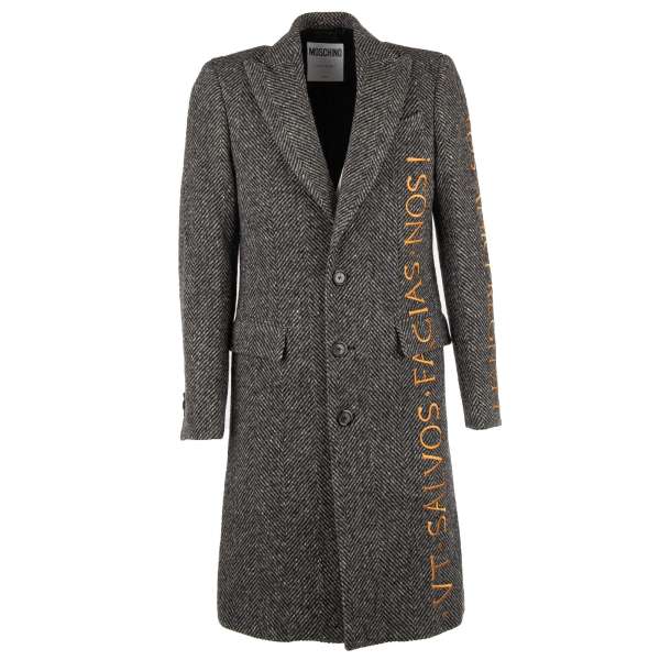Single-breasted embroidered herringbone virgin wool coat by MOSCHINO COUTURE