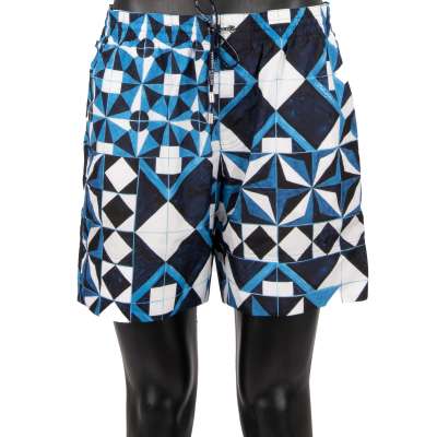 Beachwear Swim Shorts with Gio Ponti Inspired Print Blue White