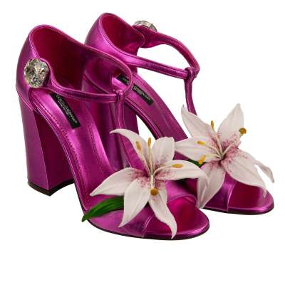 Lily Flower Crystal Brooch Leather Pumps Sandals KEIRA Pink
