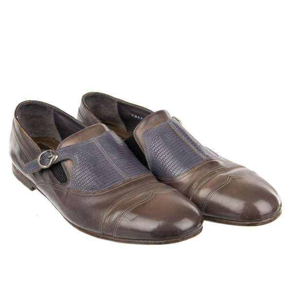 Exklusive, Vintage Effekt Patchwork Derby Schuhe AMALFI aus Waran-, und Kalbsleder in Braun, Grau und Blau von DOLCE & GABBANA