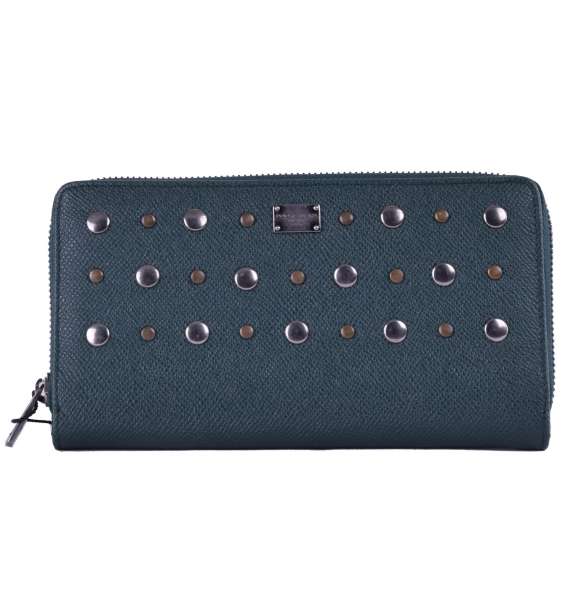 Unisex long zip-around dauphine leather wallet embellished with studs and logo detail by DOLCE & GABBANA Black Label