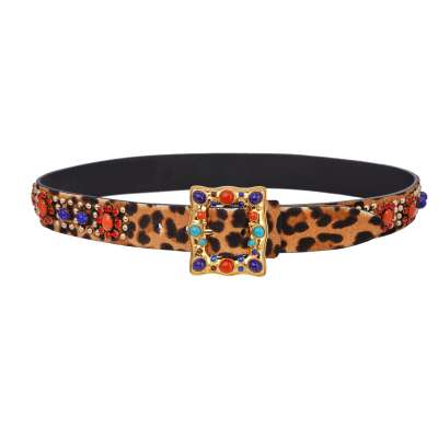 Leopard Fur Leather Pearl Crystal Belt Brown Gold 90 36