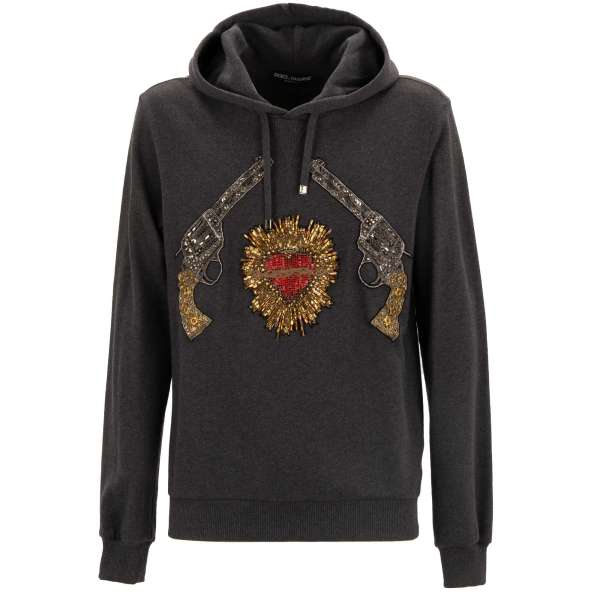 Cotton sweater / hoody with crystal sacred heart and jacquard guns with brass flowers embroidery patches by DOLCE & GABBANA
