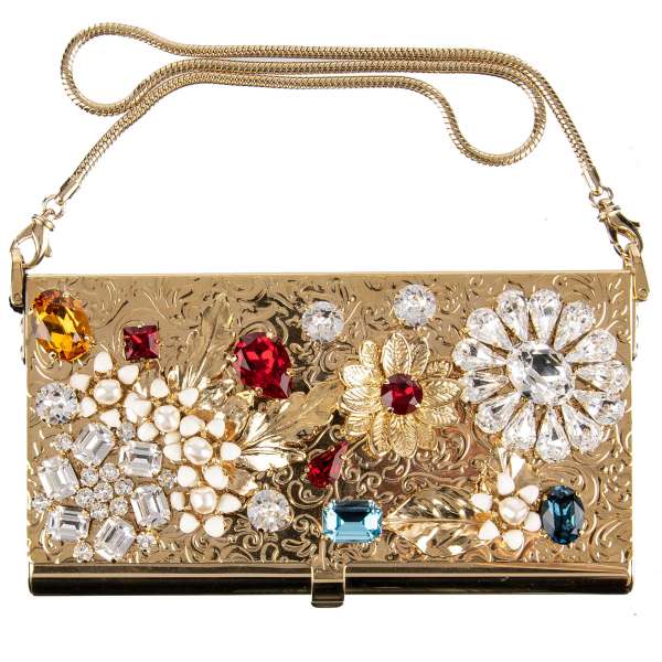 Kleine goldene metallische Clutch Tasche / Etui verschönert mit Blättern Gravur und Blumen Applikationen aus Kristallen, Perlen und Messing von DOLCE & GABBANA