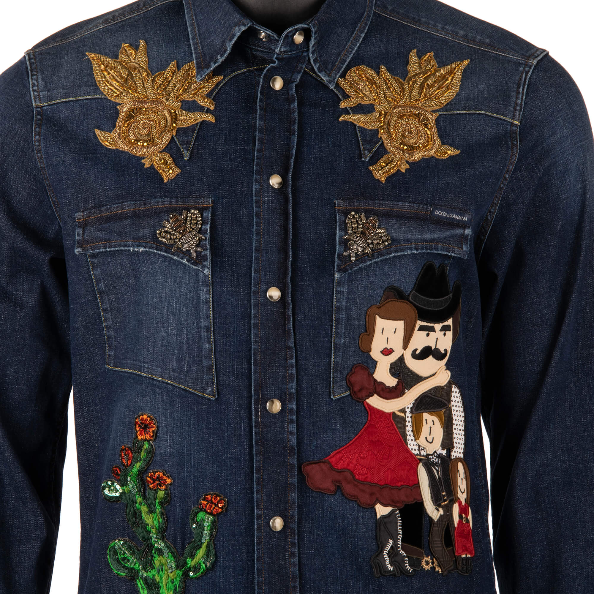Dolce & Gabbana Goldwork Embroidery Rose Bee Denim Jeans Shirt Blue |  FASHION ROOMS