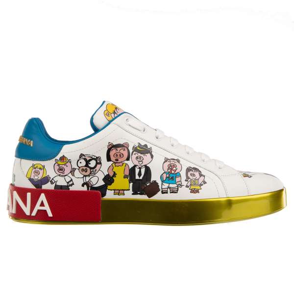 Low-Top Sneaker PORTOFINO with Mister Pig Family print and logo applications in white, blue, red and gold by DOLCE & GABBANA