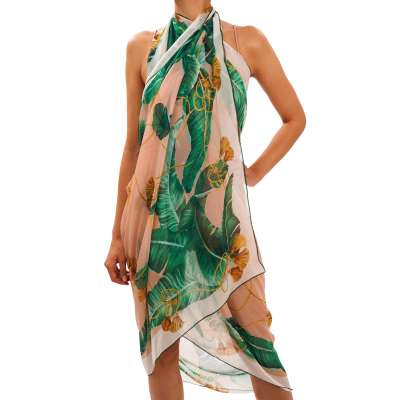 Silk Banana Leaf Pareo Scarf Foulard Green White Pink