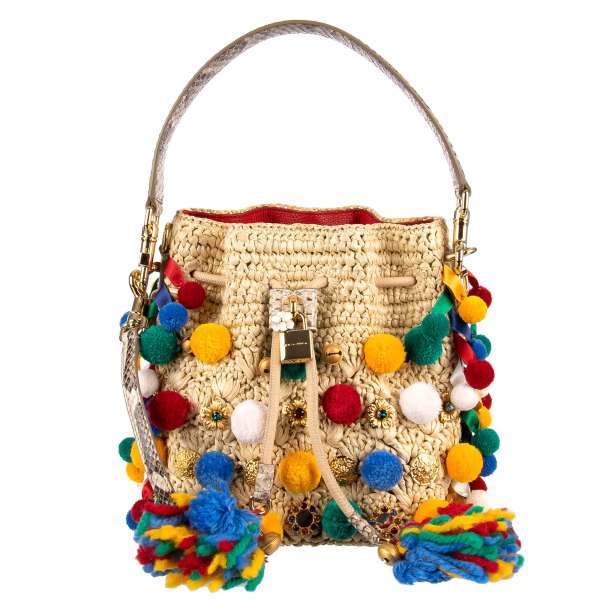 Sicily Style straw and snakeskin bucket hobo bag / shoulder bag CLAUDIA embellished with pompoms, sing-song bells, crystals and enamel flowers by DOLCE & GABBANA